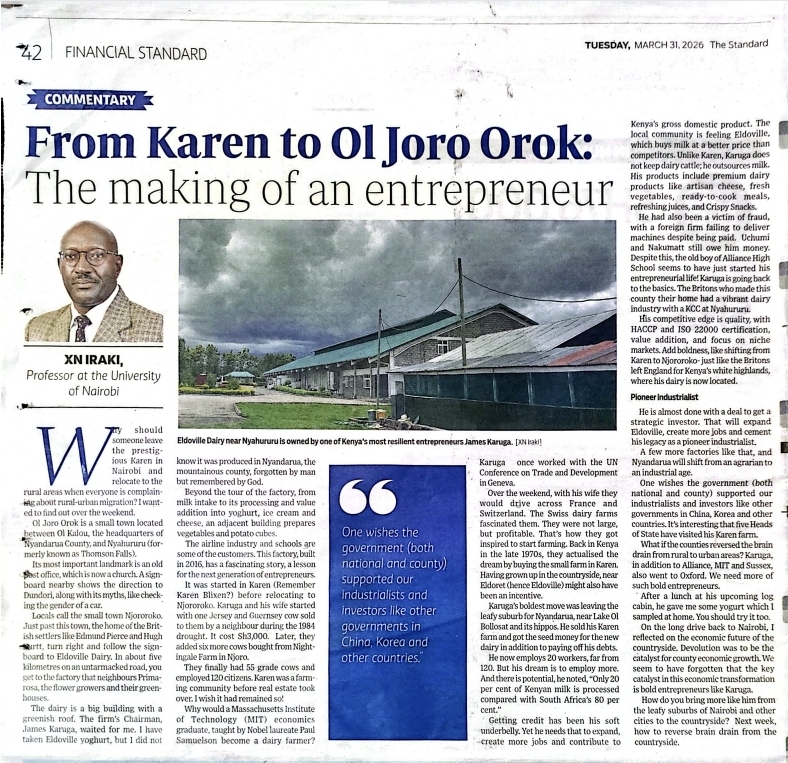 Financial Standard clipping, March 31, 2026, featuring James Karuga and Eldoville Dairies